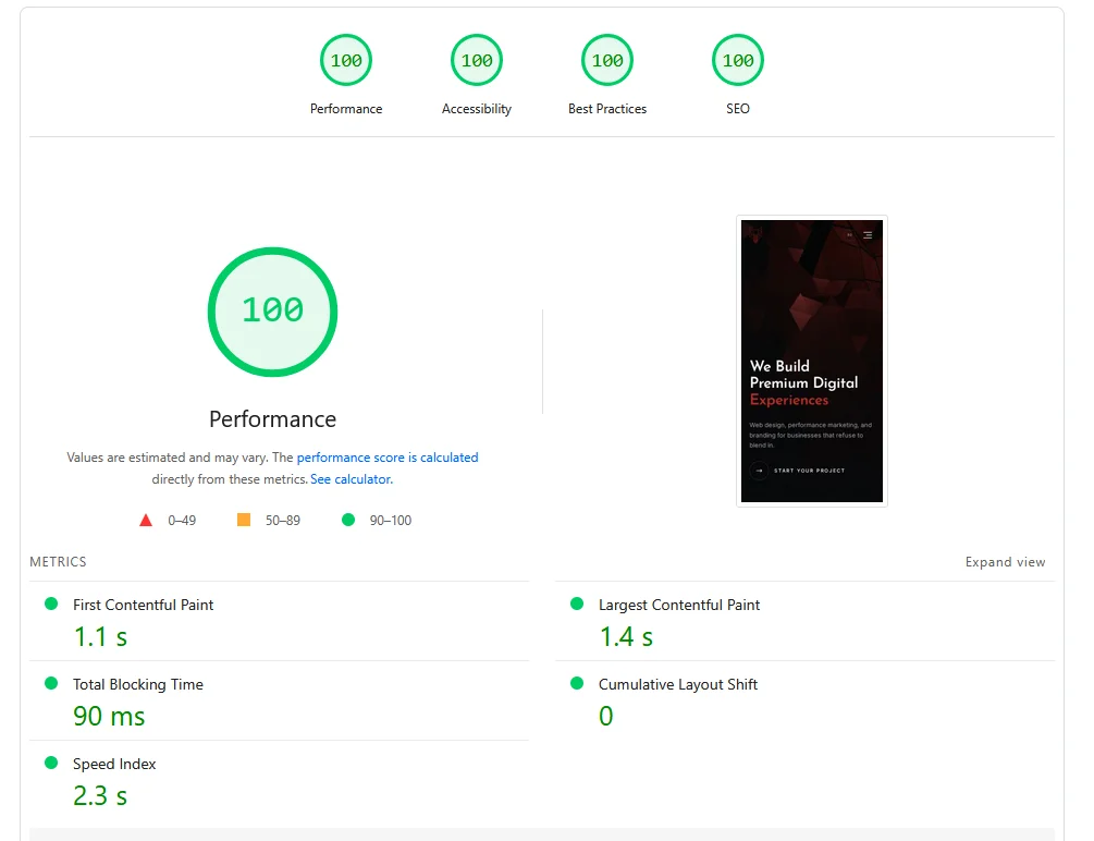 PageSpeed Insights results showing 100 across all four categories: Performance, Accessibility, Best Practices, and SEO